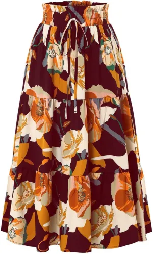 Womens Skirt Summer Casual Floral Print Midi Pleated Long Skirts High Waisted A Line Flowy Swing Beach Maxi Skirt