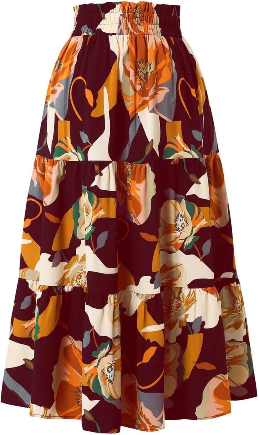 Womens Skirt Summer Casual Floral Print Midi Pleated Long Skirts High Waisted A Line Flowy Swing Beach Maxi Skirt