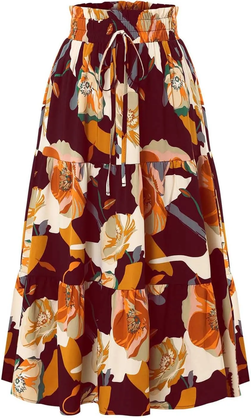 Womens Skirt Summer Casual Floral Print Midi Pleated Long Skirts High Waisted A Line Flowy Swing Beach Maxi Skirt