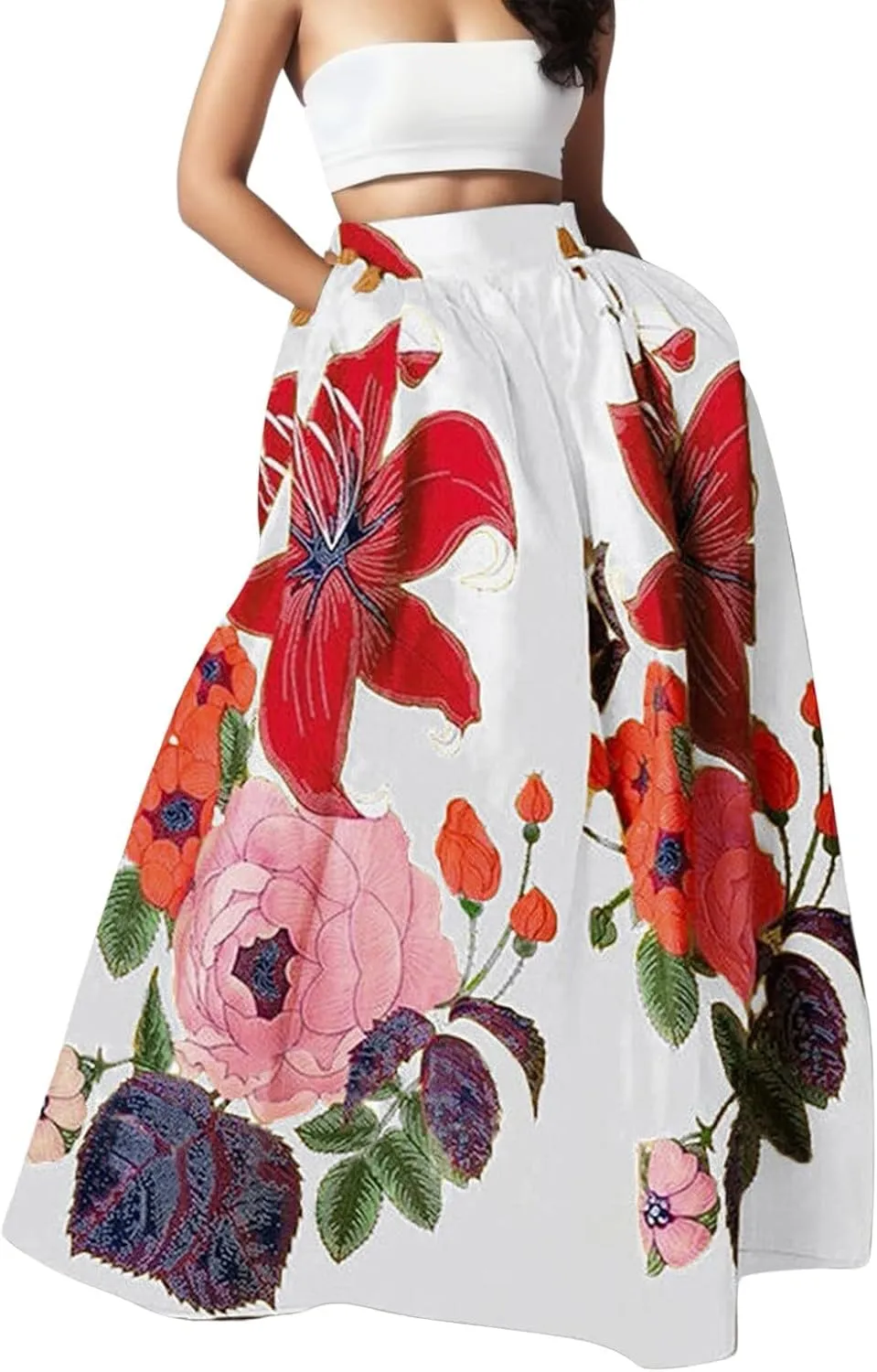 Women's Skirts Boho Maxi Skirt Fashion Loose Floral Printed Colorful Skirt High Waist Beach Maxi Trendy Skirt with Pocket