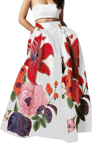 Women's Skirts Boho Maxi Skirt Fashion Loose Floral Printed Colorful Skirt High Waist Beach Maxi Trendy Skirt with Pocket