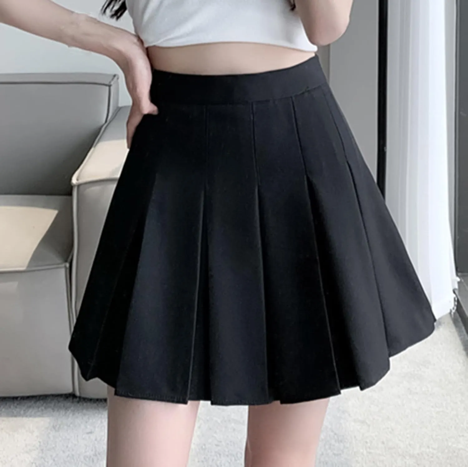 Womens Skirts Front Pleated Stretchy Flared Mini Skater Skirt Vintage A-Line Solid Cheering Skirts for Game Sport