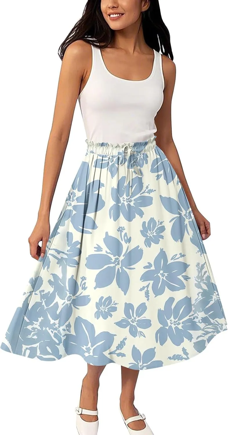 Women's Skirts Midi Flowy Summer Drawstring Elastic High Waist Knee Length Skirt A-Line Floral Pleated Skirt
