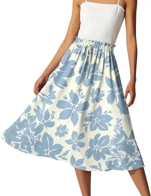 Women's Skirts Midi Flowy Summer Drawstring Elastic High Waist Knee Length Skirt A-Line Floral Pleated Skirt