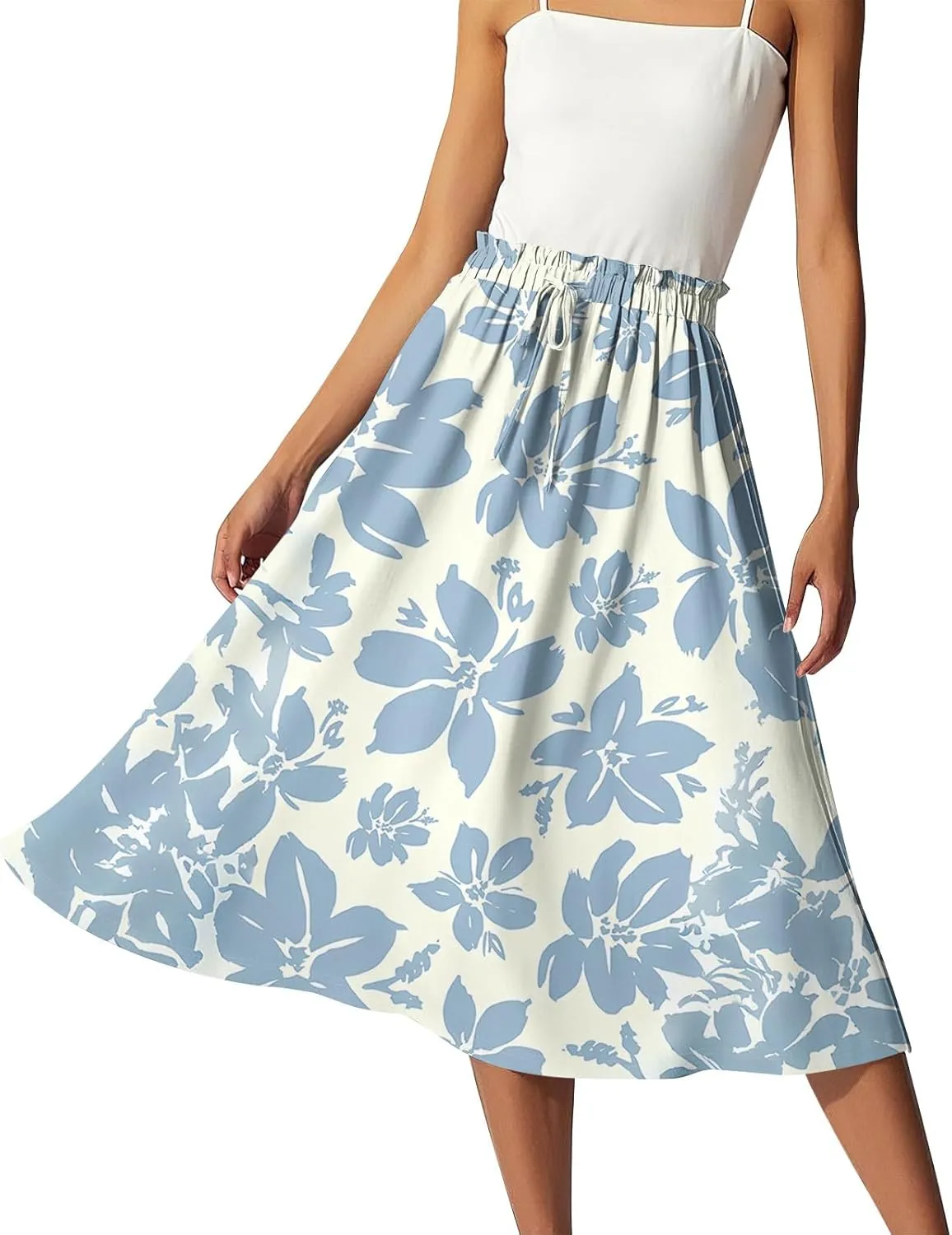 Women's Skirts Midi Flowy Summer Drawstring Elastic High Waist Knee Length Skirt A-Line Floral Pleated Skirt