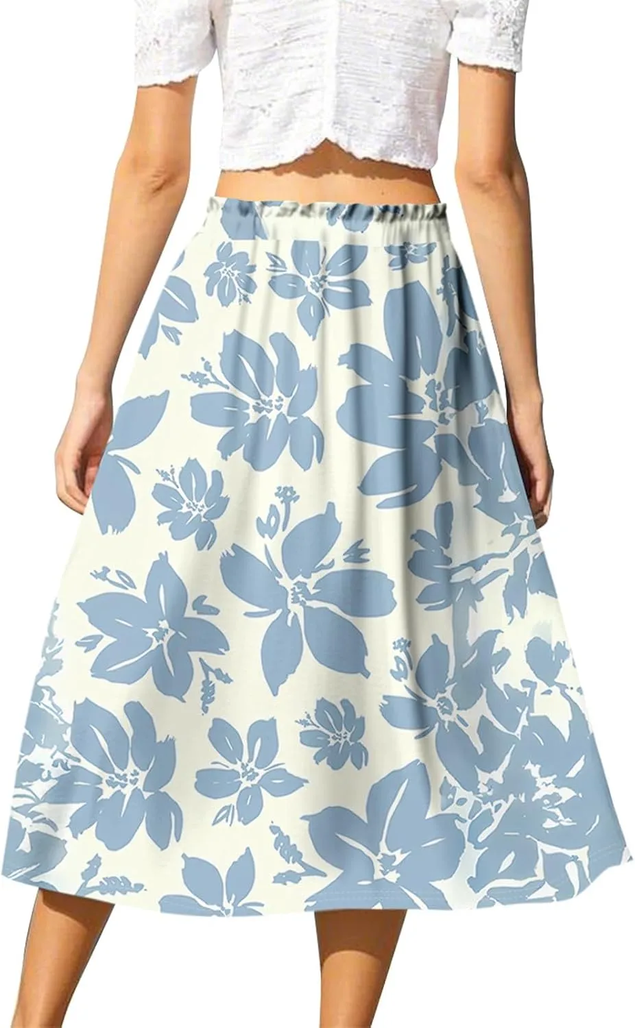 Women's Skirts Midi Flowy Summer Drawstring Elastic High Waist Knee Length Skirt A-Line Floral Pleated Skirt