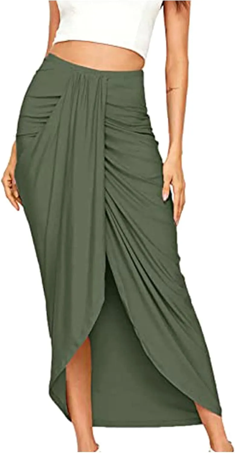 Womens Skirts Midi Length Basic Pleated High Waisted Wrap Ruched Bodycon Trendy Summer Asymmetrical Pencil Skirt