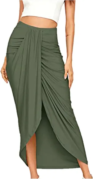 Womens Skirts Midi Length Basic Pleated High Waisted Wrap Ruched Bodycon Trendy Summer Asymmetrical Pencil Skirt