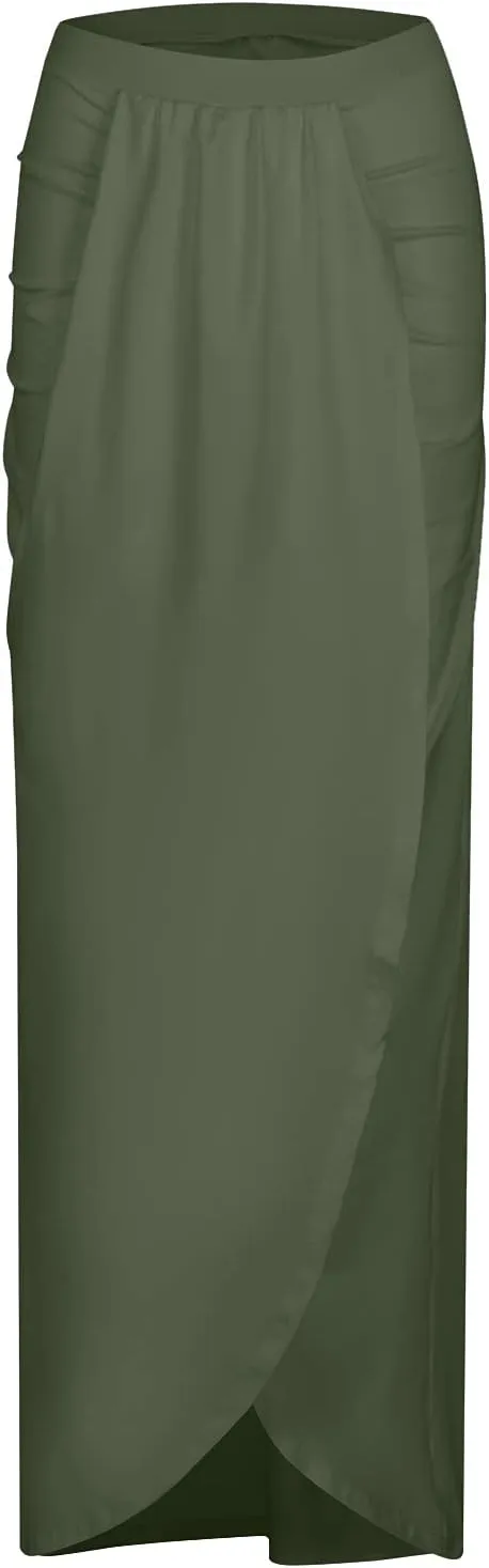 Womens Skirts Midi Length Basic Pleated High Waisted Wrap Ruched Bodycon Trendy Summer Asymmetrical Pencil Skirt