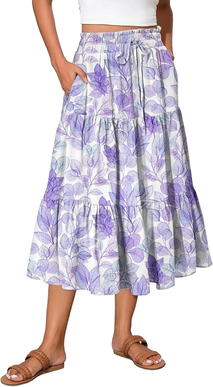 Womens Skirts Midi Length Boho Beach Vacation Flowy Floral Skirt Summer Casual Tiered High Waisted A Line Skirt
