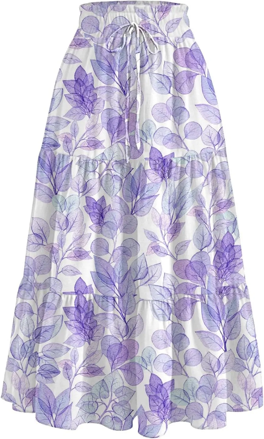 Womens Skirts Midi Length Boho Beach Vacation Flowy Floral Skirt Summer Casual Tiered High Waisted A Line Skirt
