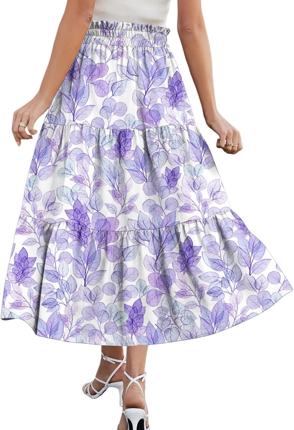 Womens Skirts Midi Length Boho Beach Vacation Flowy Floral Skirt Summer Casual Tiered High Waisted A Line Skirt