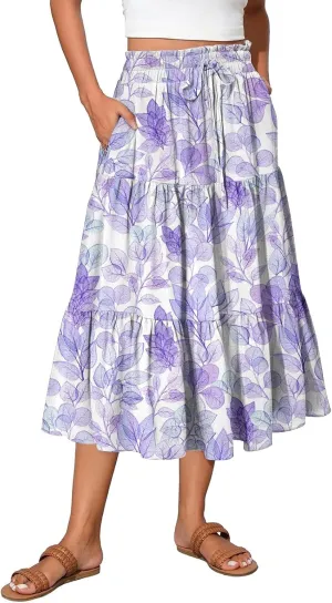 Womens Skirts Midi Length Boho Beach Vacation Flowy Floral Skirt Summer Casual Tiered High Waisted A Line Skirt