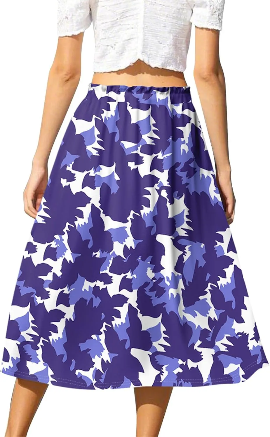 Womens Skirts Midi Length Flowy Summer Drawstring Elastic High Waist Knee Skirt A Line Floral Pleated Skirts