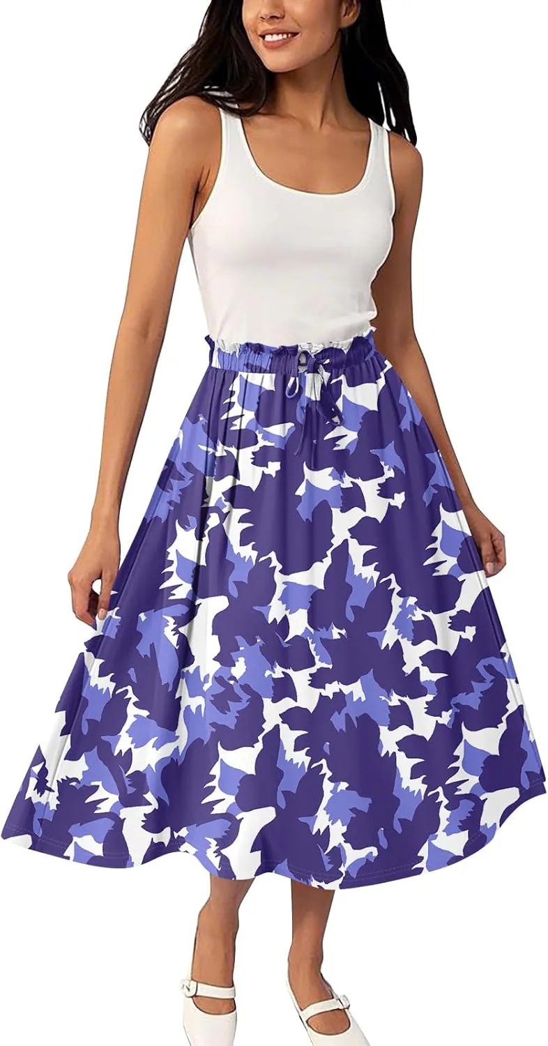 Womens Skirts Midi Length Flowy Summer Drawstring Elastic High Waist Knee Skirt A Line Floral Pleated Skirts