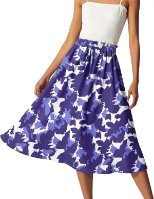 Womens Skirts Midi Length Flowy Summer Drawstring Elastic High Waist Knee Skirt A Line Floral Pleated Skirts