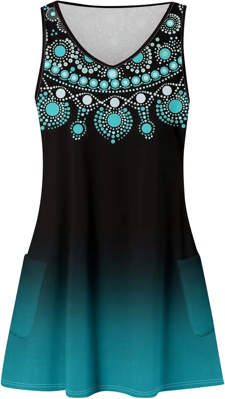 Women's Sleeveless Boho Floral Print V-Neck Summer Beach Dress with Pockets