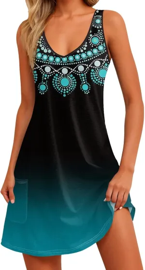 Women's Sleeveless Boho Floral Print V-Neck Summer Beach Dress with Pockets