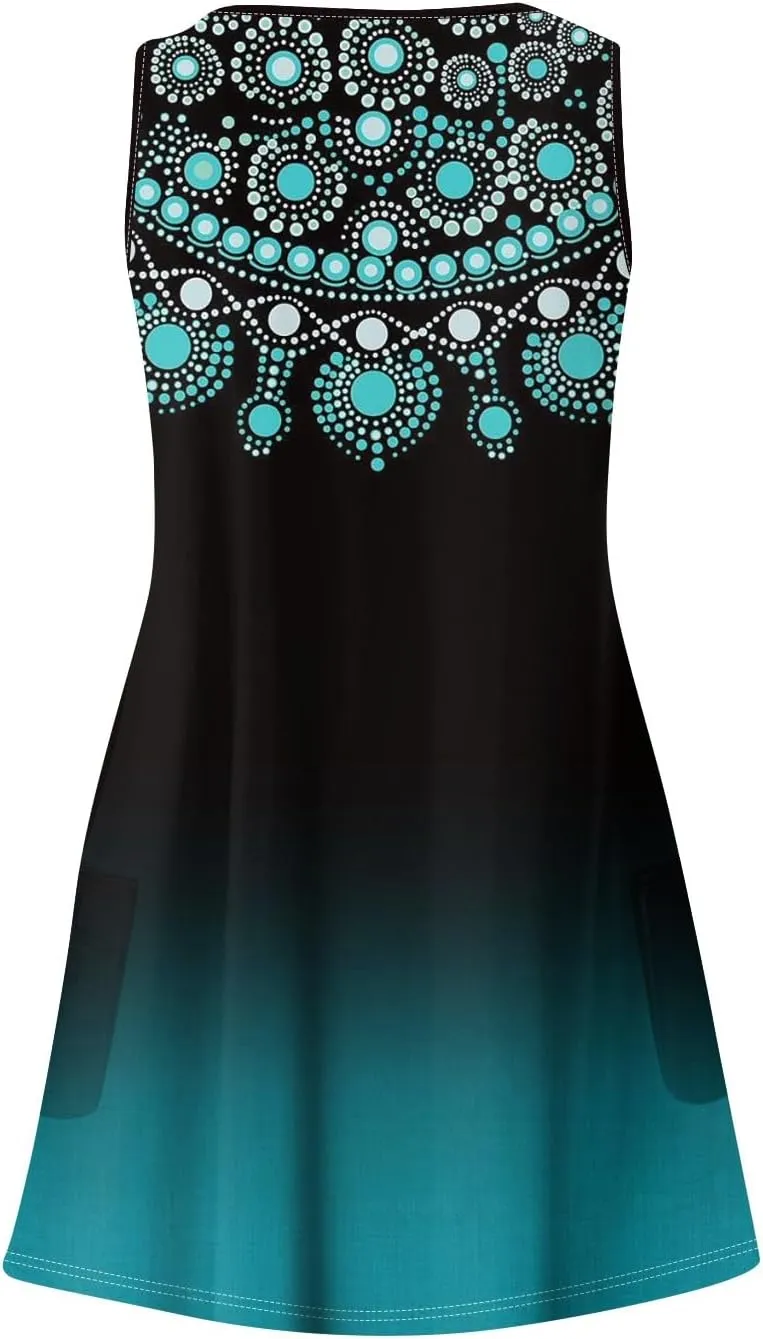 Women's Sleeveless Boho Floral Print V-Neck Summer Beach Dress with Pockets