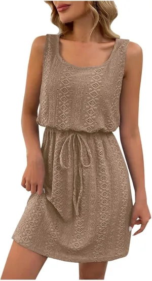 Women's Sleeveless Lace Dress Elegant Summer Casual A-Line Mini Dresses Drawstring Waist Sundress