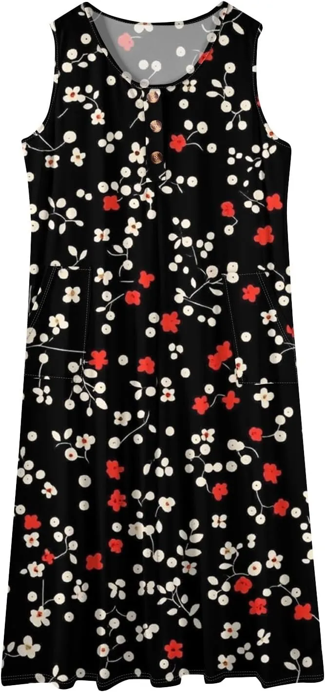 Women's Sleeveless Midi Dress with Pockets, Summer Casual Boho Floral Button Down Loose Comfy Tank Beach Sundress