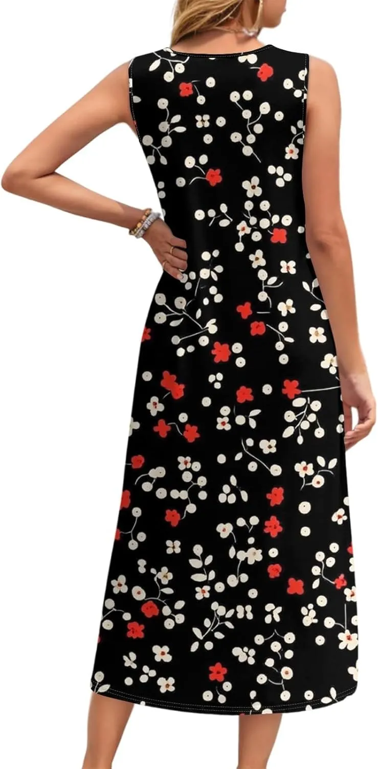 Women's Sleeveless Midi Dress with Pockets, Summer Casual Boho Floral Button Down Loose Comfy Tank Beach Sundress