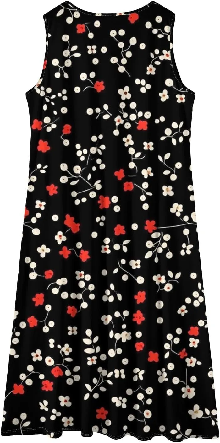 Women's Sleeveless Midi Dress with Pockets, Summer Casual Boho Floral Button Down Loose Comfy Tank Beach Sundress