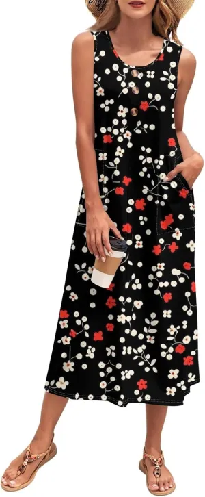 Women's Sleeveless Midi Dress with Pockets, Summer Casual Boho Floral Button Down Loose Comfy Tank Beach Sundress