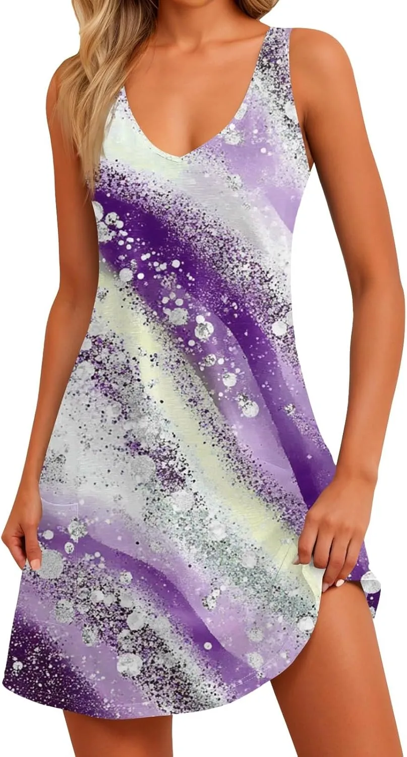Women's Sleeveless Summer Dress with Abstract Purple Print Casual A-Line Beach Wear for Vacation and Daily Outfits
