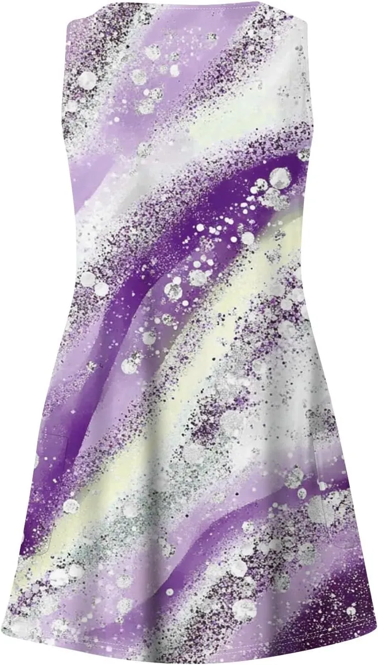 Women's Sleeveless Summer Dress with Abstract Purple Print Casual A-Line Beach Wear for Vacation and Daily Outfits