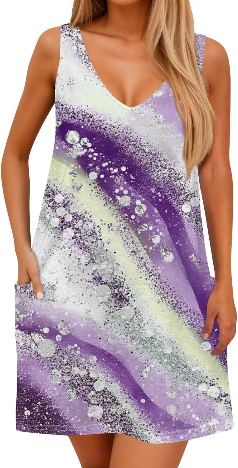 Women's Sleeveless Summer Dress with Abstract Purple Print Casual A-Line Beach Wear for Vacation and Daily Outfits