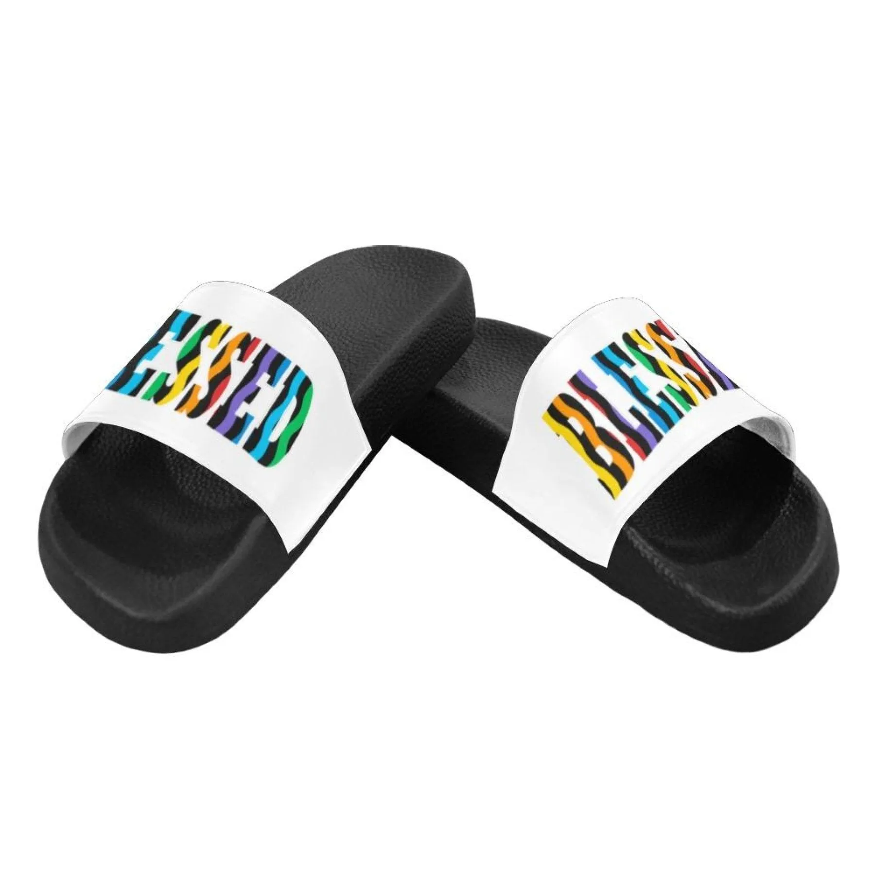 Womens Slides, Flip Flop Sandals, Multicolor Blessed  Print by inQue.Style