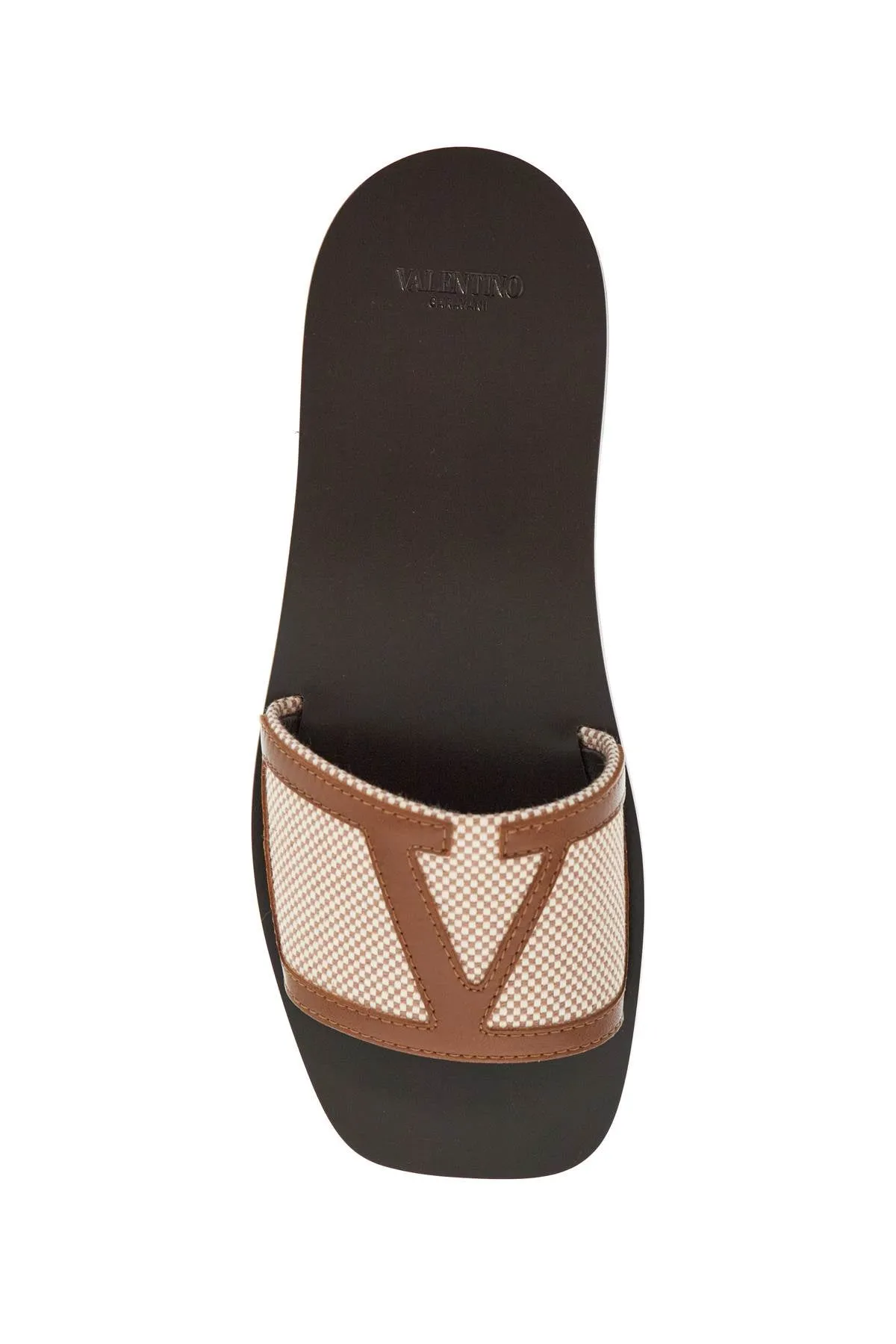 women's slippers in natural fabric and leather/tobacco with wide check pattern strap