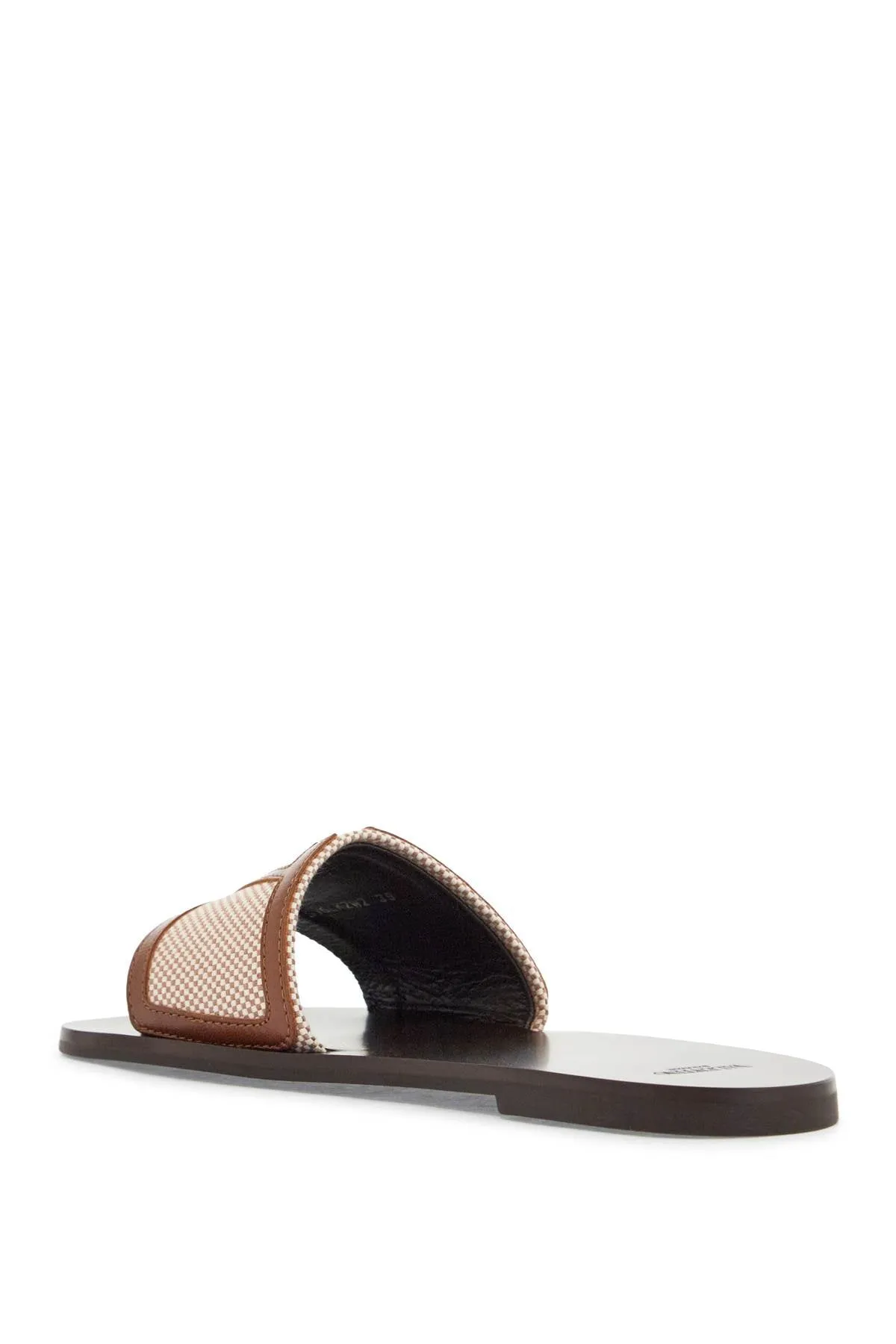 women's slippers in natural fabric and leather/tobacco with wide check pattern strap