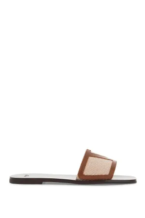 women's slippers in natural fabric and leather/tobacco with wide check pattern strap