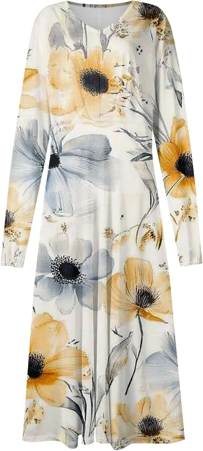 Women's Spring Beach Loose Long Sleeve Floral Print Dress Fashion V Neck Long Dresses