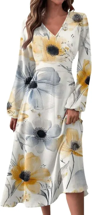 Women's Spring Beach Loose Long Sleeve Floral Print Dress Fashion V Neck Long Dresses