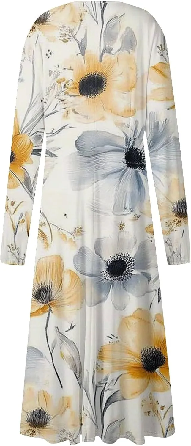 Women's Spring Beach Loose Long Sleeve Floral Print Dress Fashion V Neck Long Dresses