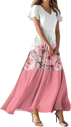Womens Spring Chiffon Dresses 2025 Summer Flowy Short Sleeve High Waisted Dress A Line Wedding Guest V Neck Dresses