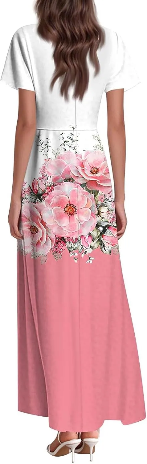 Womens Spring Chiffon Dresses 2025 Summer Flowy Short Sleeve High Waisted Dress A Line Wedding Guest V Neck Dresses