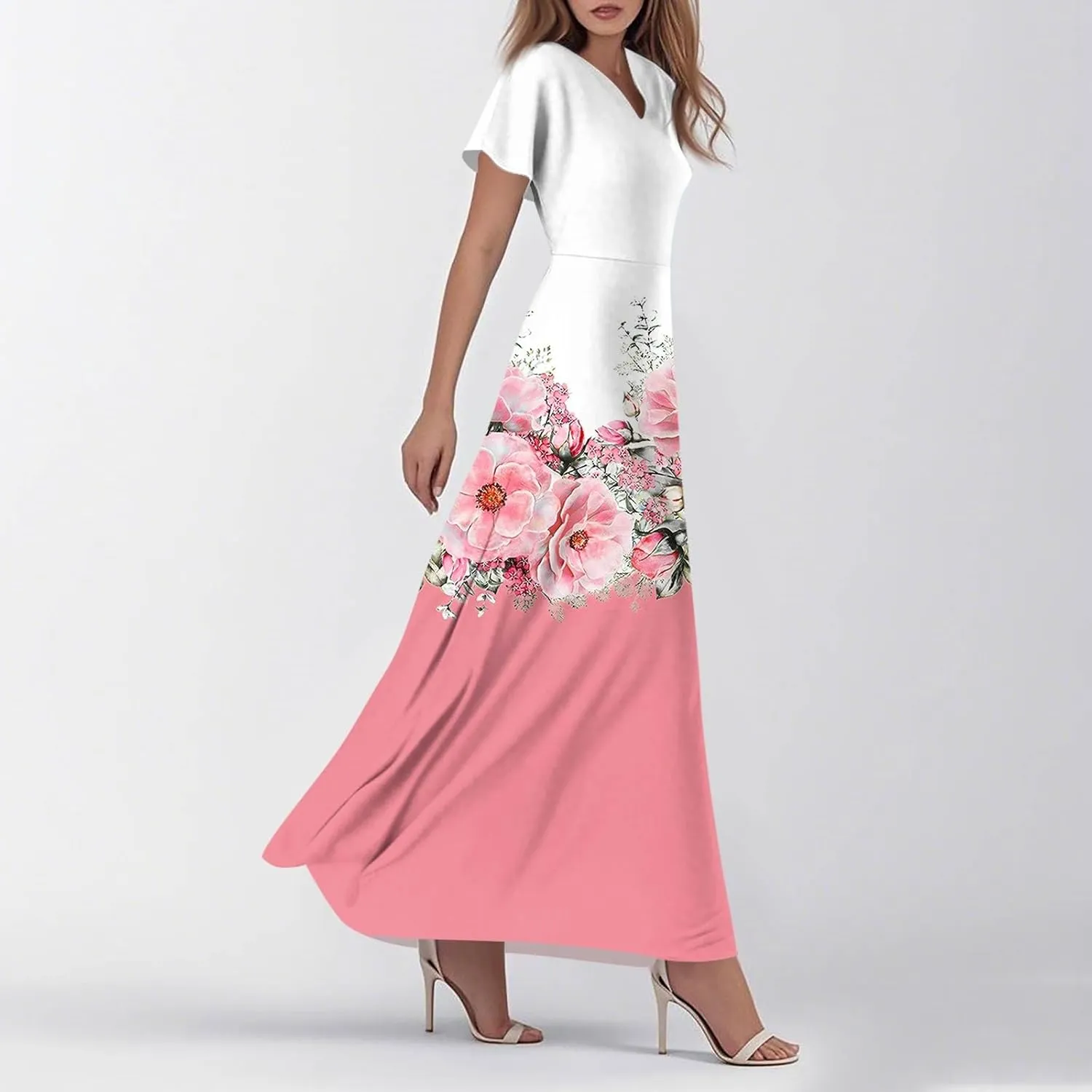 Womens Spring Chiffon Dresses 2025 Summer Flowy Short Sleeve High Waisted Dress A Line Wedding Guest V Neck Dresses