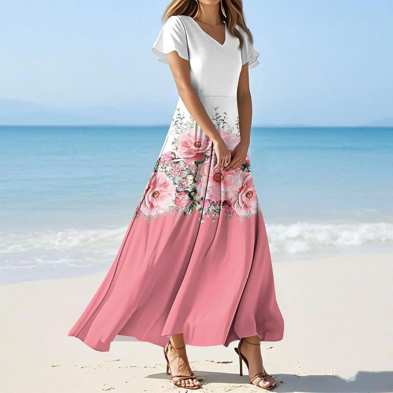 Womens Spring Chiffon Dresses 2025 Summer Flowy Short Sleeve High Waisted Dress A Line Wedding Guest V Neck Dresses