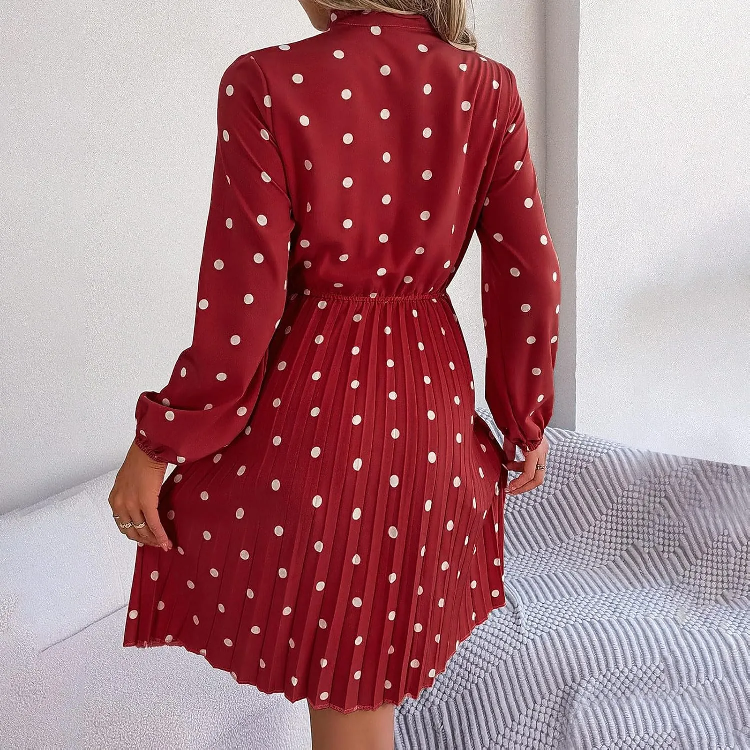 Women's Spring Dress Midi Long Puff Sleeve Wrap V Neck Flowy Pleated Ruffle Dresses Casual A Line Dress with Belt