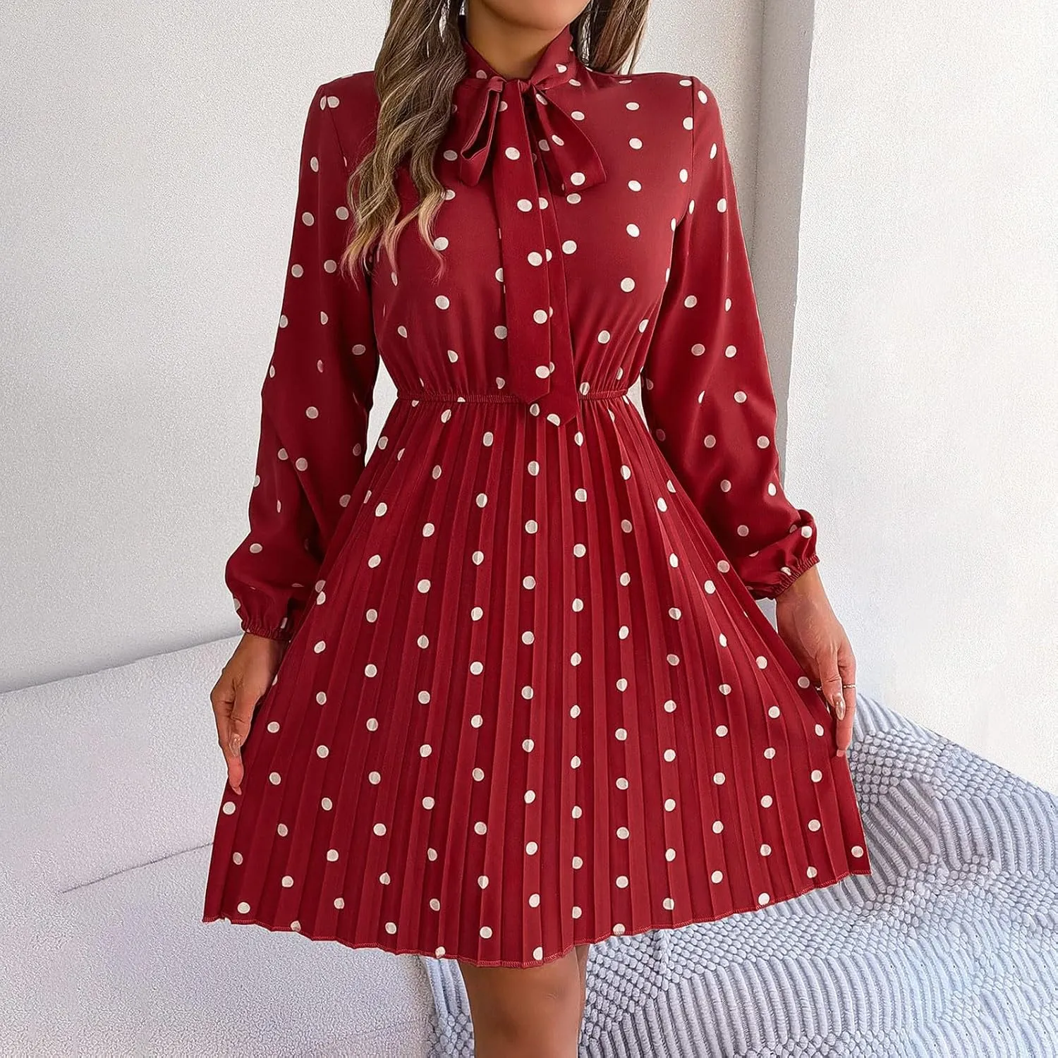 Women's Spring Dress Midi Long Puff Sleeve Wrap V Neck Flowy Pleated Ruffle Dresses Casual A Line Dress with Belt