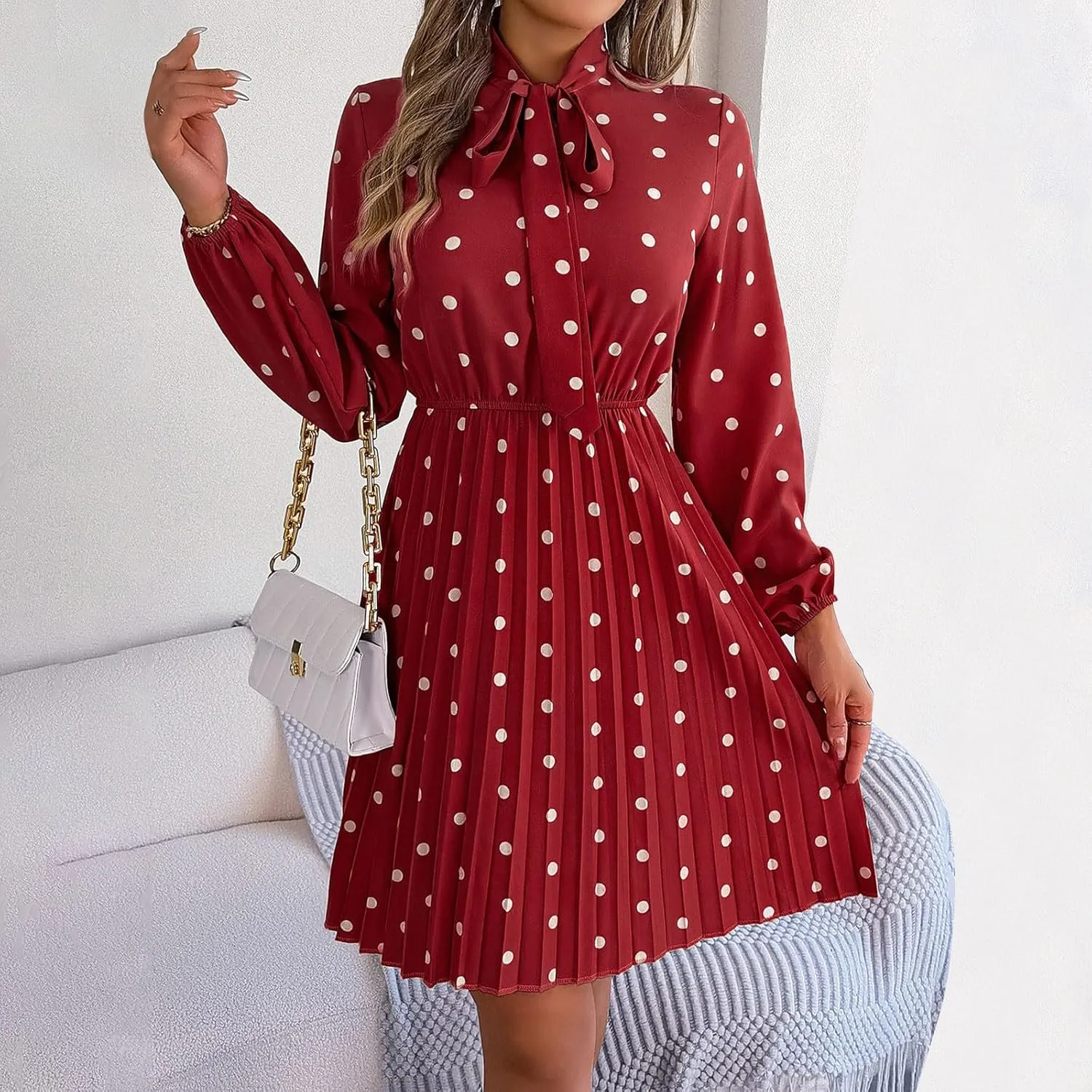 Women's Spring Dress Midi Long Puff Sleeve Wrap V Neck Flowy Pleated Ruffle Dresses Casual A Line Dress with Belt
