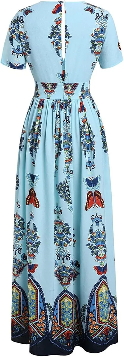 Women's Spring Dresses 2025 Plus Size Dress Curvy Fashion Butterfly Printed V-Neck Short Sleeve Casual Maxi, XL-5XL