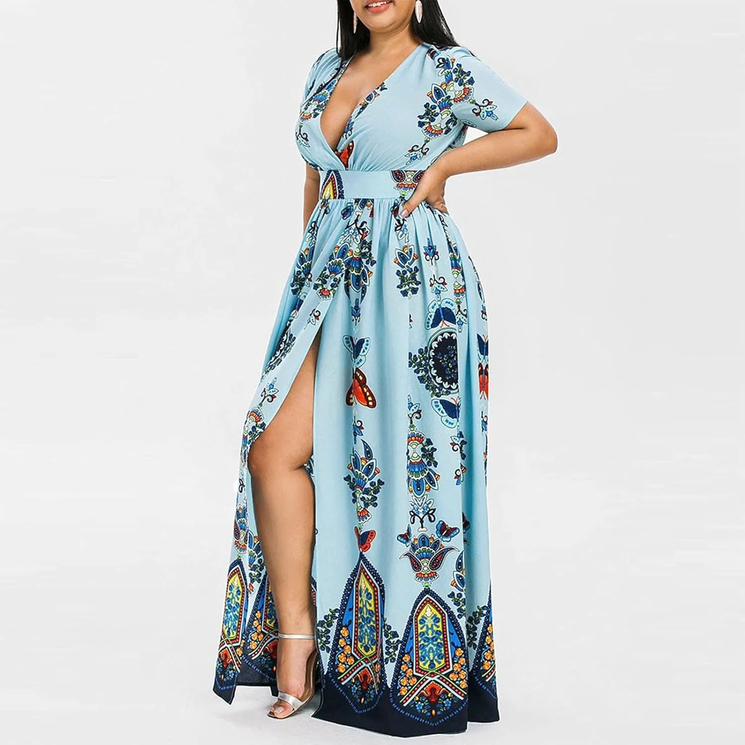 Women's Spring Dresses 2025 Plus Size Dress Curvy Fashion Butterfly Printed V-Neck Short Sleeve Casual Maxi, XL-5XL
