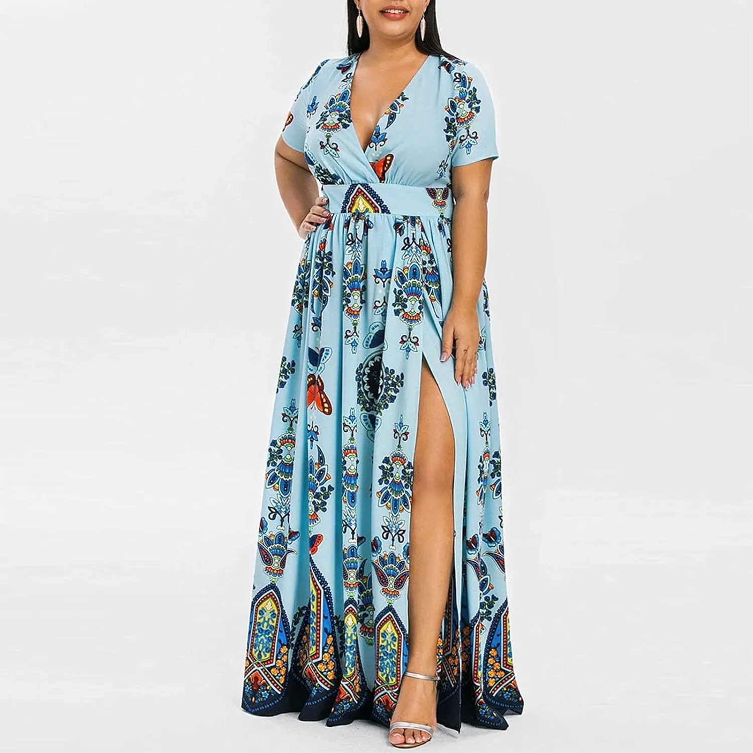 Women's Spring Dresses 2025 Plus Size Dress Curvy Fashion Butterfly Printed V-Neck Short Sleeve Casual Maxi, XL-5XL