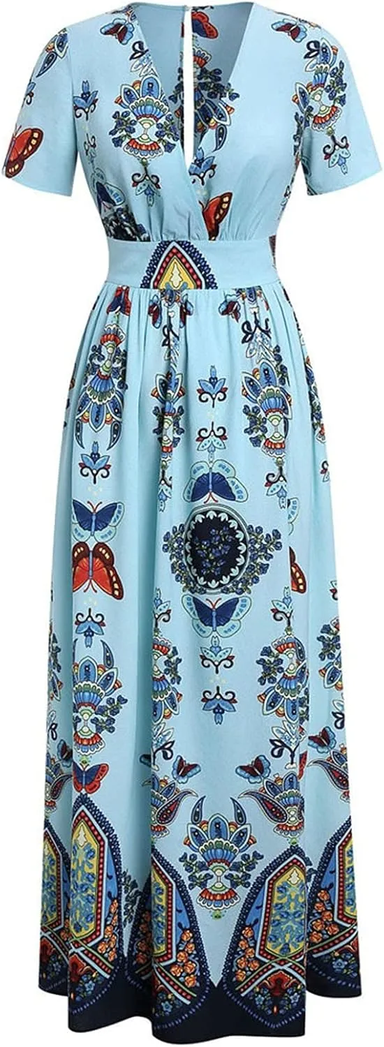 Women's Spring Dresses 2025 Plus Size Dress Curvy Fashion Butterfly Printed V-Neck Short Sleeve Casual Maxi, XL-5XL