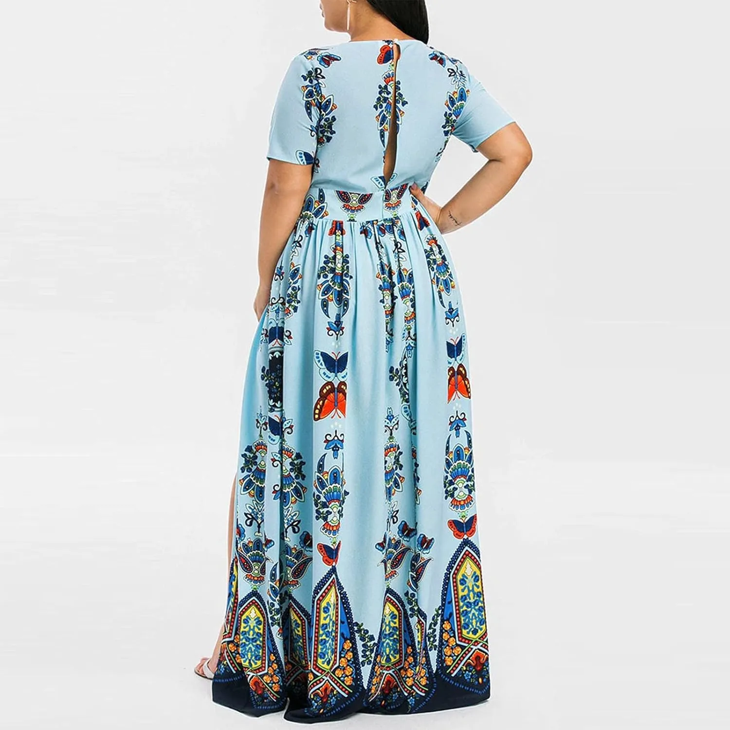 Women's Spring Dresses 2025 Plus Size Dress Curvy Fashion Butterfly Printed V-Neck Short Sleeve Casual Maxi, XL-5XL